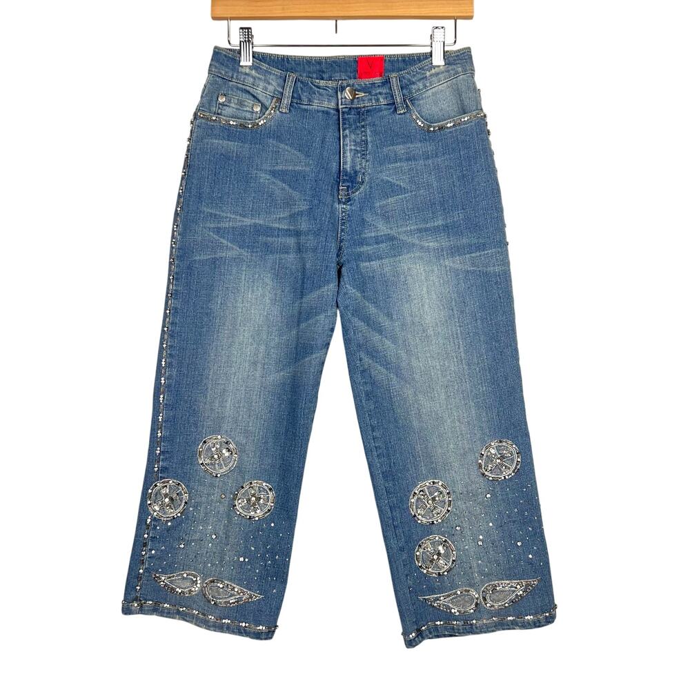 Very Vera 6P Rhinestone Embellished Beaded Light Washed Denim Cropped Jeans